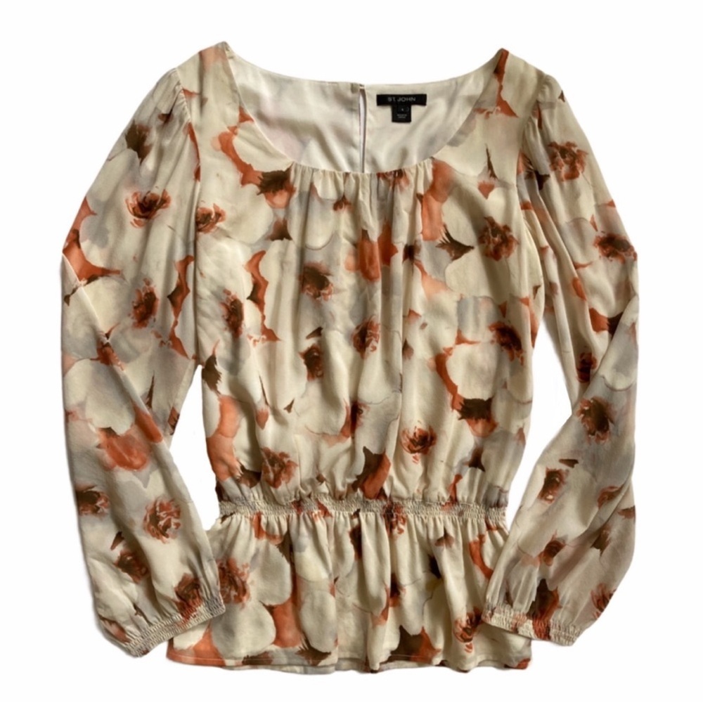 St. John Silk Floral Scoop Neck Peplum‎ Blouse Top Size 16 Plus Size